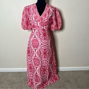 Laroque Original Women’s Pink White Celtic V~Neck Ruched Linen Midi Dress XS~NWT